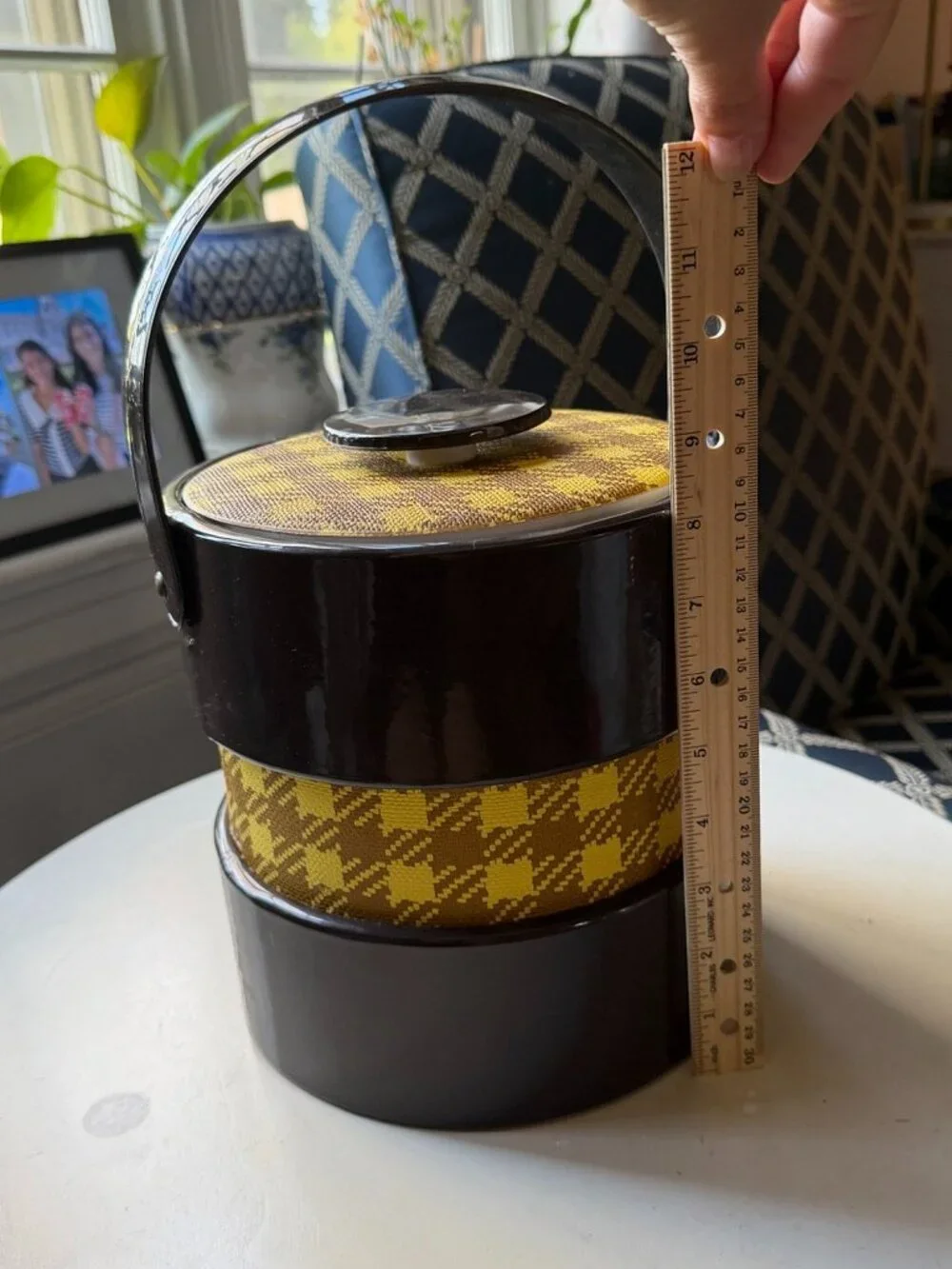 Vintage Retro brown & yellow houndstooth plaid mid century modern ice bucket